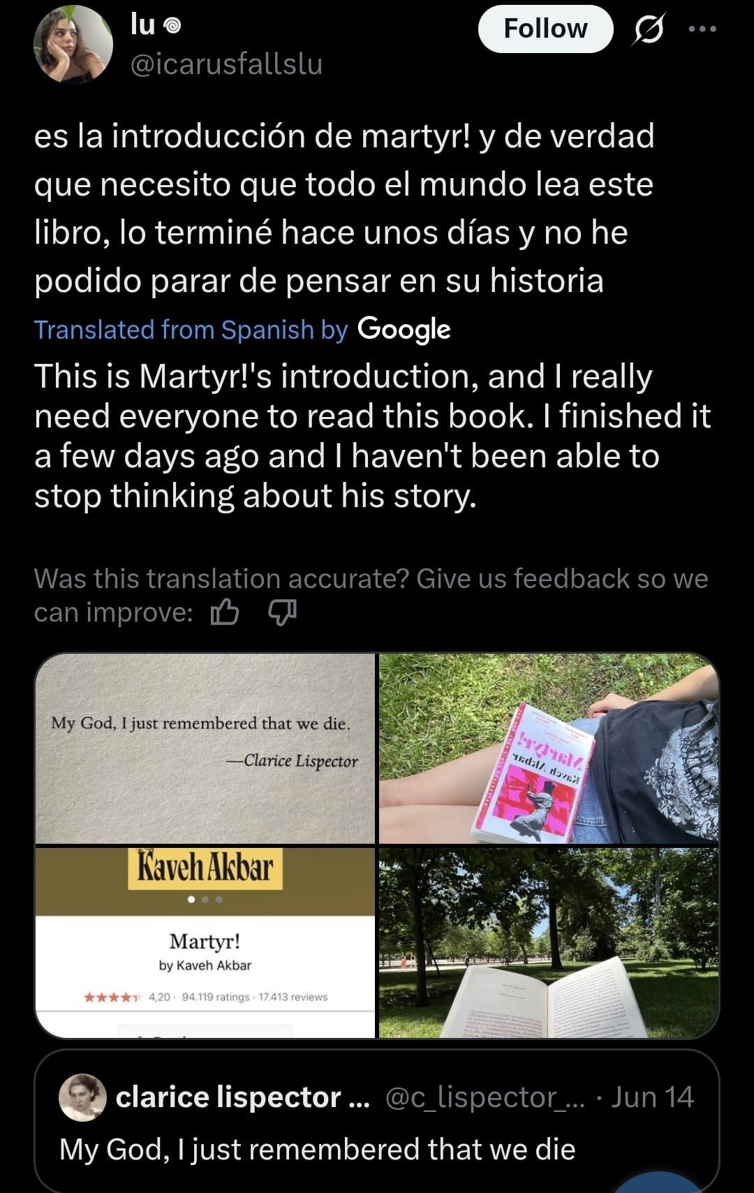 This one was especially nice to see. I don't remember exactly where I came across Clarice for the first time, but I remember seeing her for the first time in print in the opening to Kaveh Akbar's Martyr!, and had the same thoughts as this user.